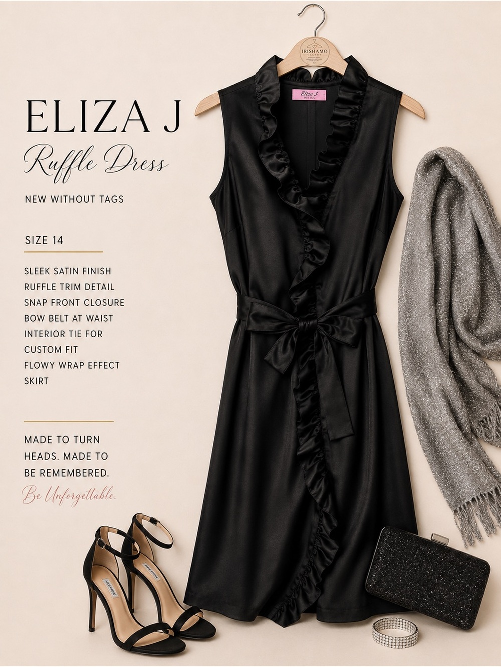 Eliza J Black Ruffle Satin Cocktail Dress for Special Events | NWOT | Size 14